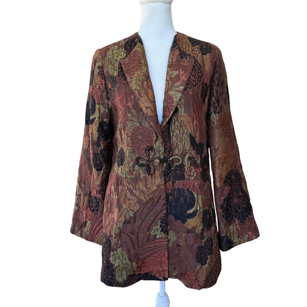 Harari Silk Blend Jacquard Blazer Floral Phoenix Frog Closure Brown S